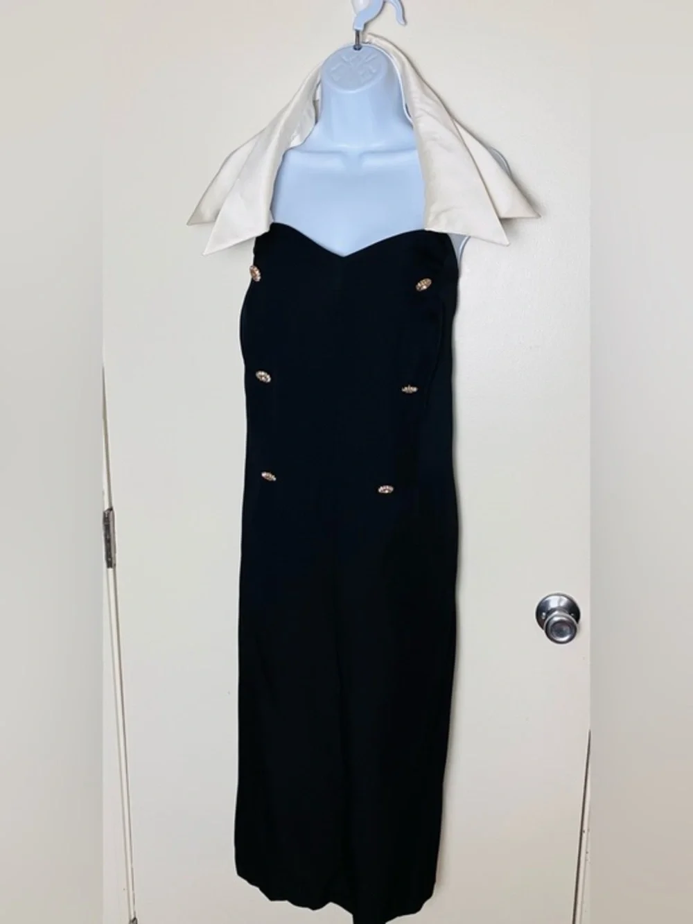 Vintage 80s Betsy & Adam Black Halter Cocktail Dress Ivory Collar Size 24w - Picture 1 of 5